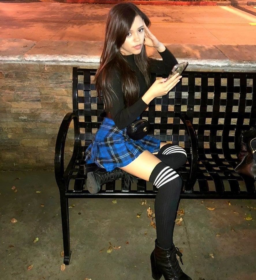 Jenna Ortega Schoolgirl Cosplay in Miniskirt