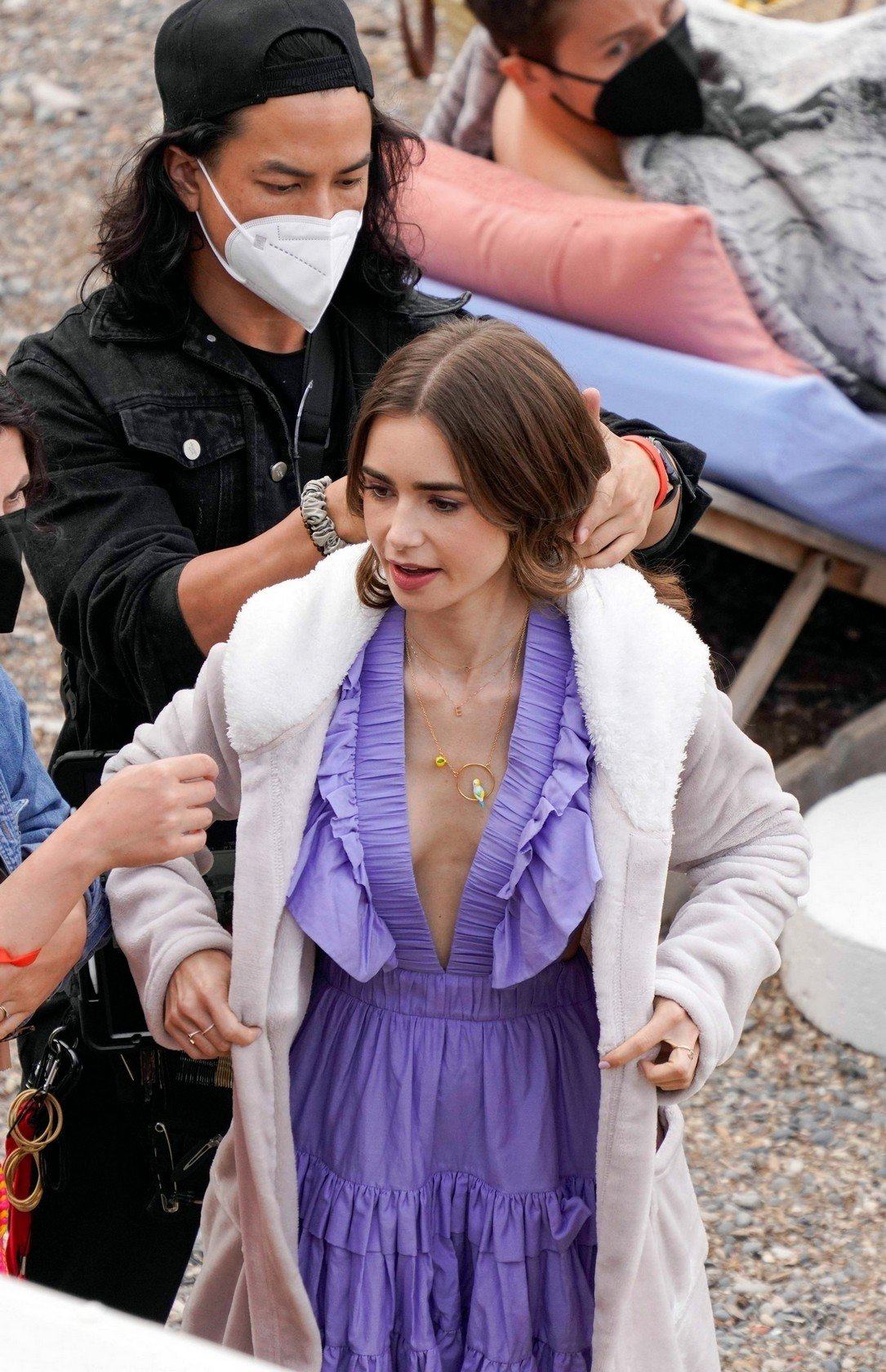 Lily Collins Neckline in Purple Dress